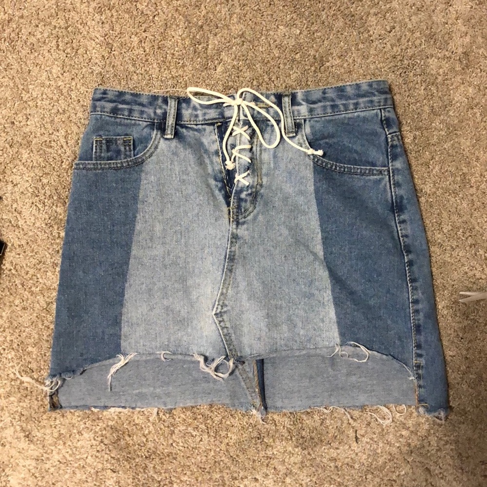 High waisted distressed jean skirt